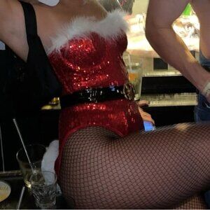 PLAYBOY Red Sequin Bodysuit Corset with White Fur Trim Holiday size large sexy